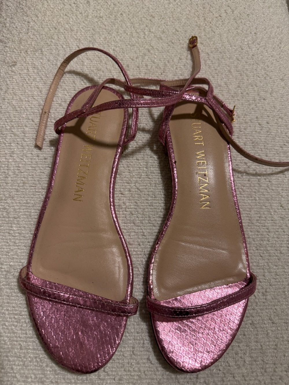 Stuart Weitzman Metallic Rose-Strap Ankle Tie Sandals